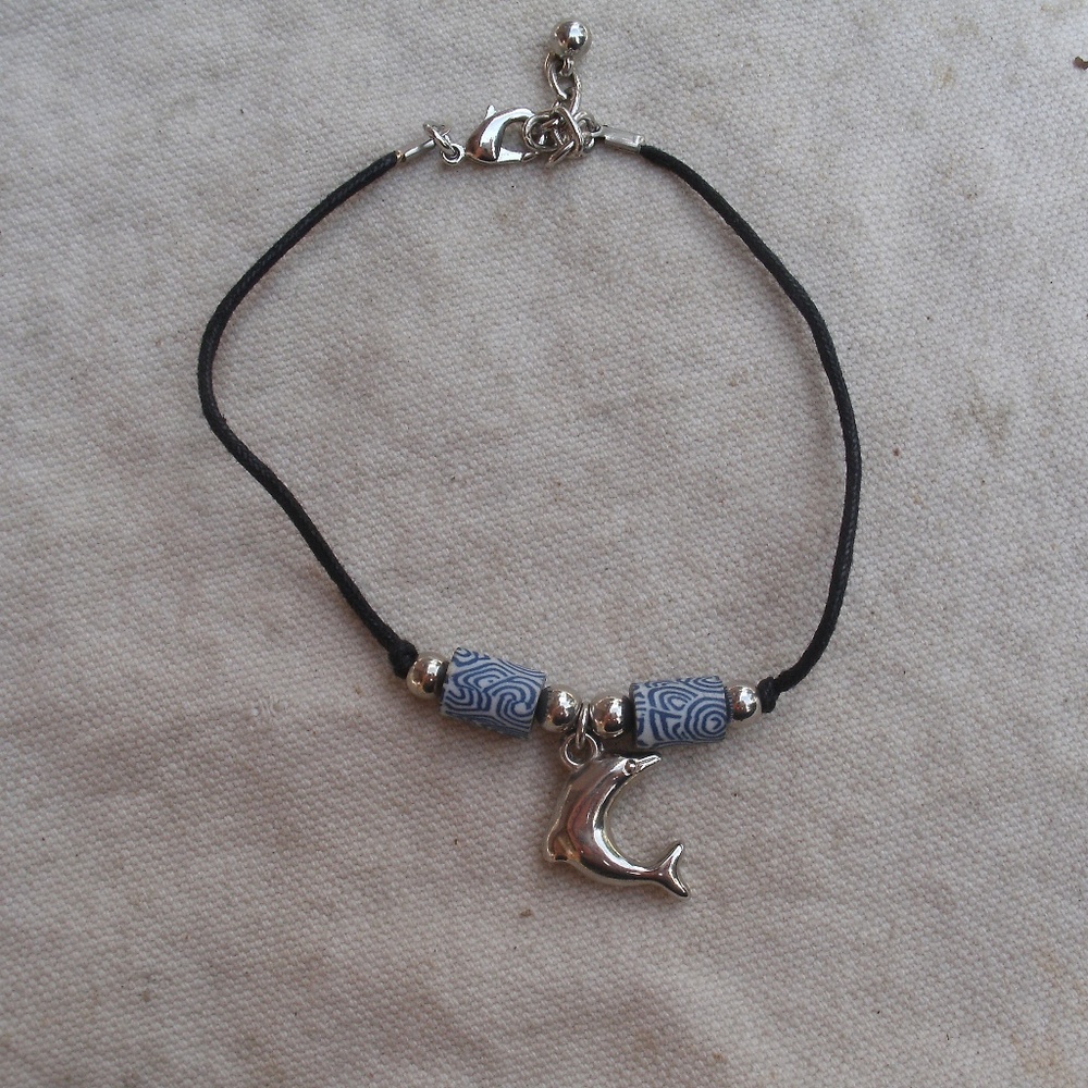Silver Dolphin & Fimo Bead Bracelet
